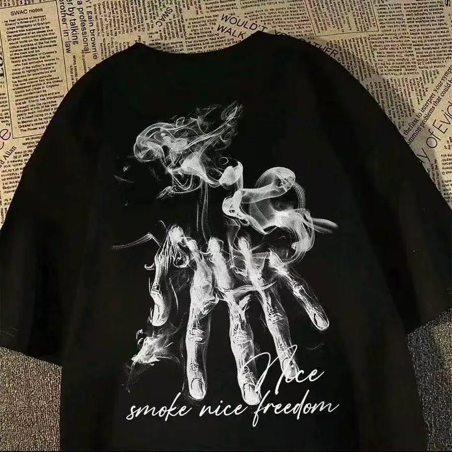 Oversized Skeletal Hand Graphic Cotton T-Shirt with Artistic Streetwear Print