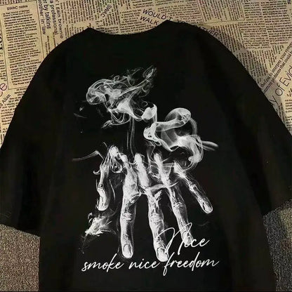 Oversized Skeletal Hand Graphic Cotton T-Shirt with Artistic Streetwear Print