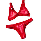Crimson Red Triangle Bikini Set with Chunky Crochet Edge Detailing