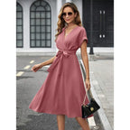 Dusty Rose Wrap-Style Midi Dress with Short Sleeves and Tie Waist