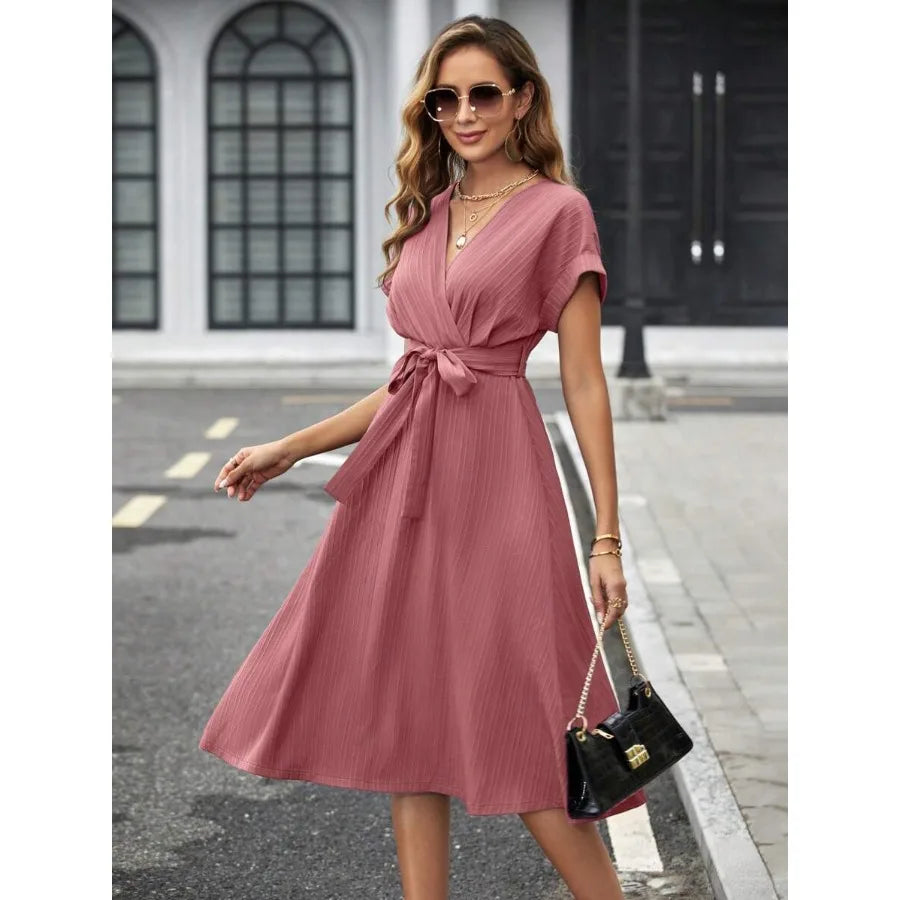 Dusty Rose Wrap-Style Midi Dress with Short Sleeves and Tie Waist