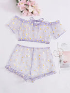 Sheer Black Mesh Daisy Print Two-Piece Loungewear Set with Ruffled Crop Top and Shorts