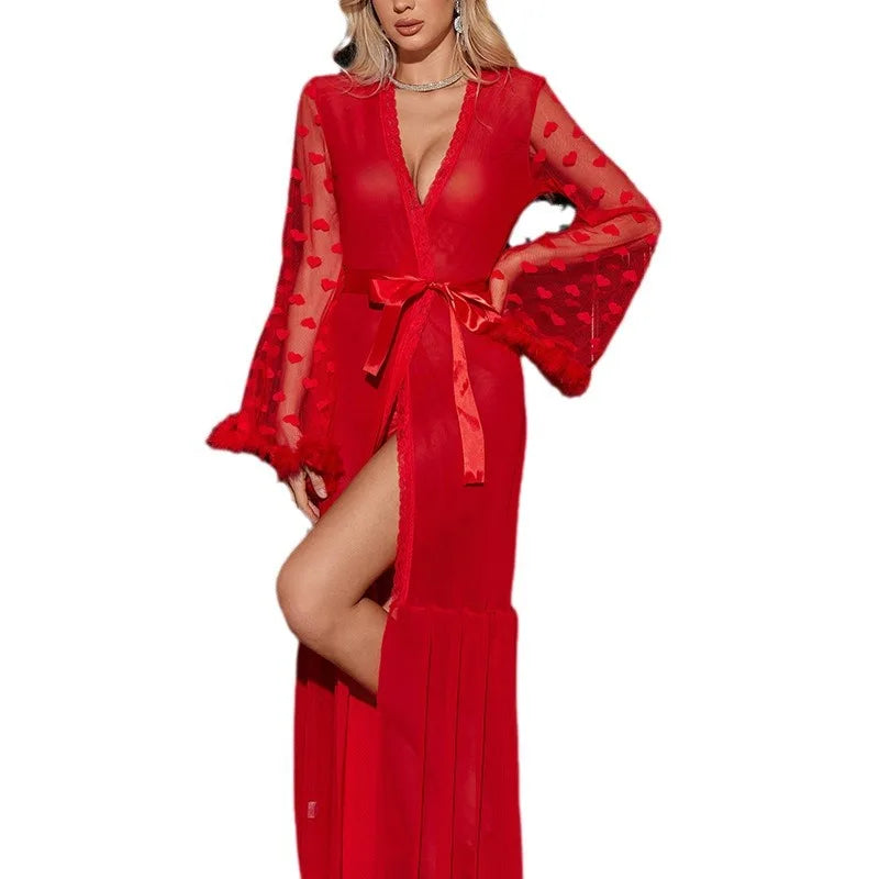 Romantic Red Sheer Mesh Long Robe with Flocked Heart Pattern