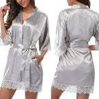 Vibrant Red Satin-Finish Lounging Robe with Delicate Scalloped Lace Trim