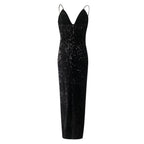 Sequined Bodycon Maxi Dress with V Neck and Side Split