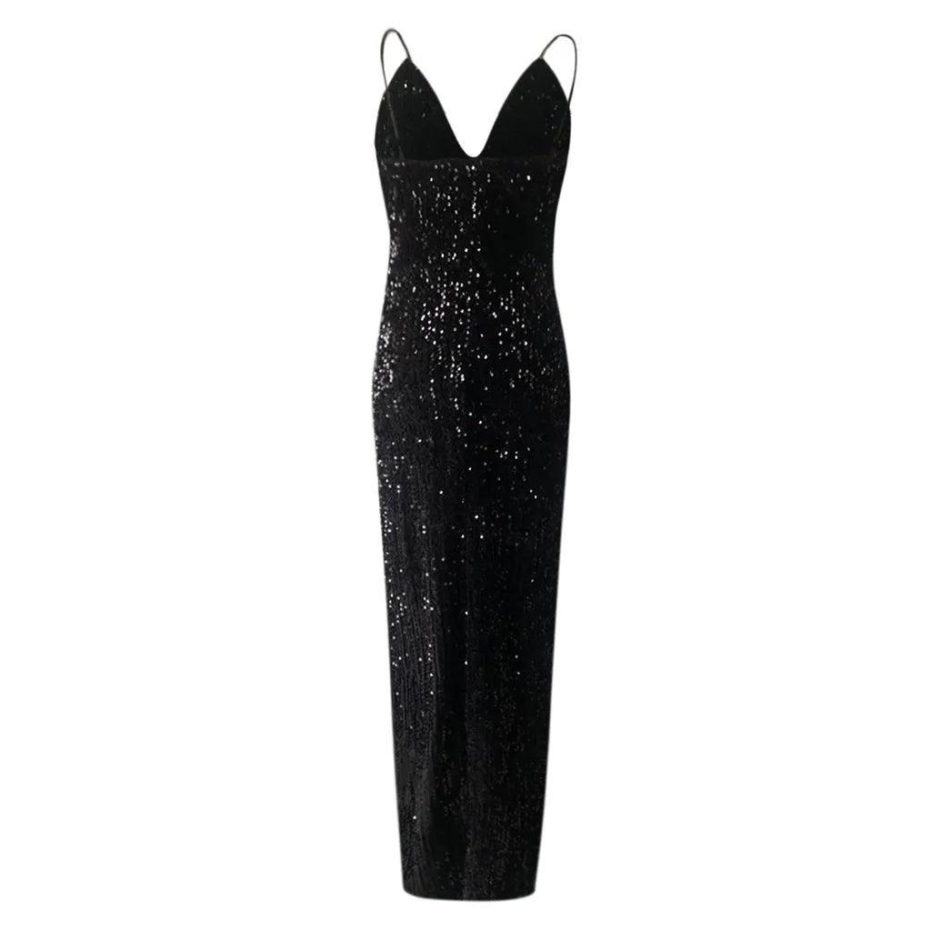 Sequined Bodycon Maxi Dress with V Neck and Side Split