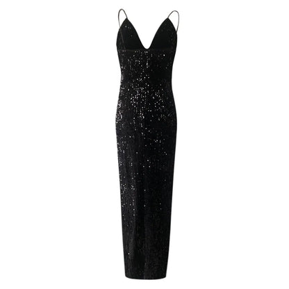 Sequined Bodycon Maxi Dress with V Neck and Side Split