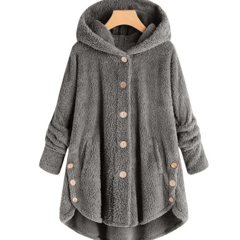 Women's Plush Hooded Teddy Fleece Coat with Button Front for Cozy Winter Layering