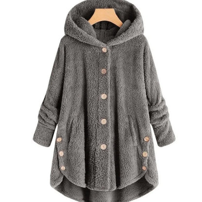Women's Plush Hooded Teddy Fleece Coat with Button Front for Cozy Winter Layering
