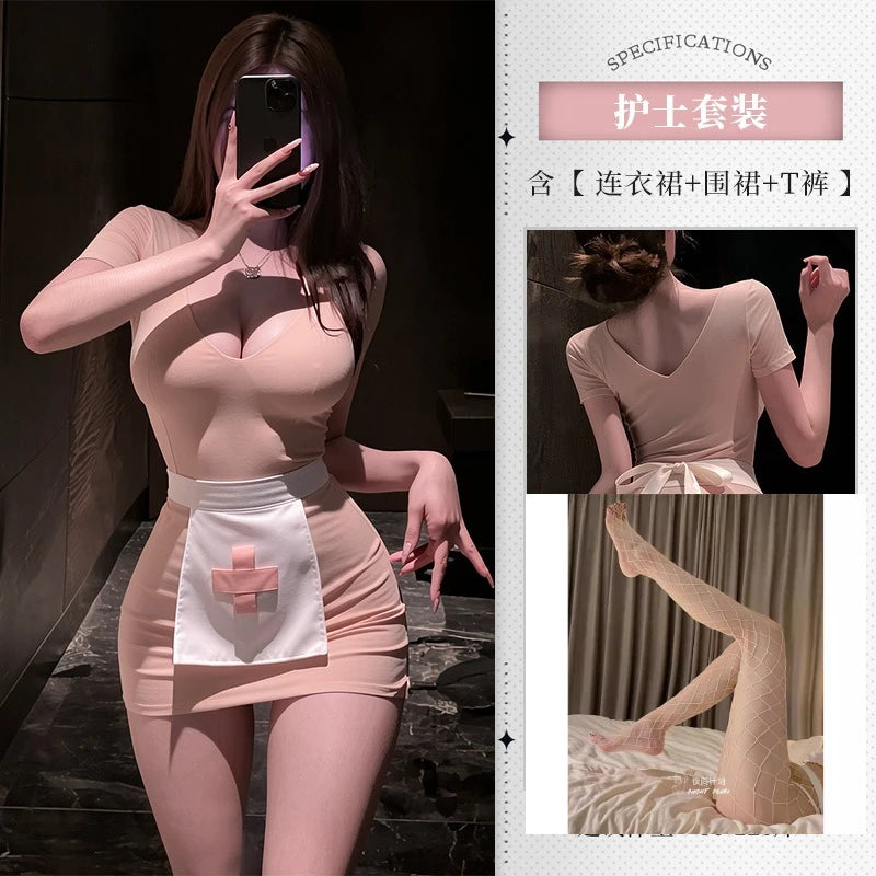 Blush Pink Form-Fitting Nurse Roleplay Mini Dress with White Apron Detail