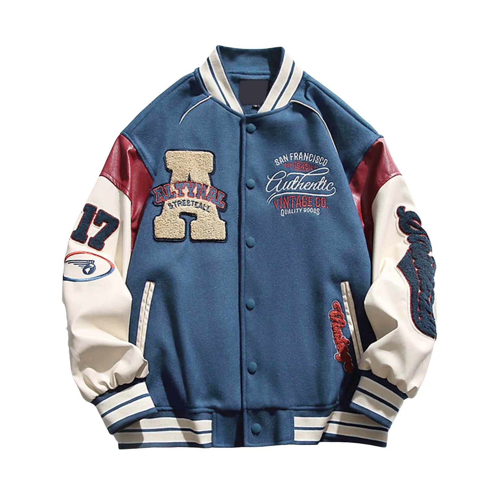 Men's Oversized Varsity Style Button Jacket with Contrast Sleeves for Streetwear Layering