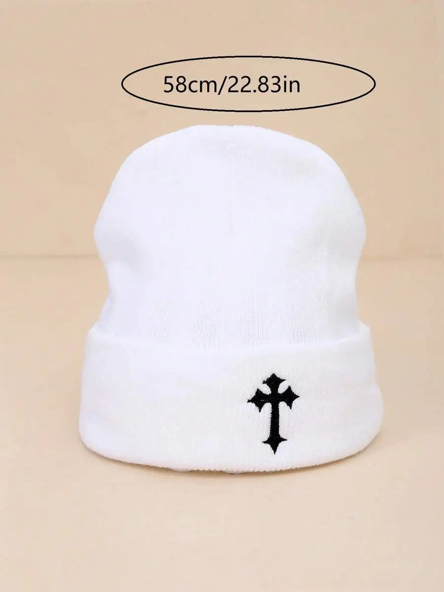Minimalist Embroidered Cross Acrylic Knit Beanie for Modern Streetwear Winter Casual Fashion Style