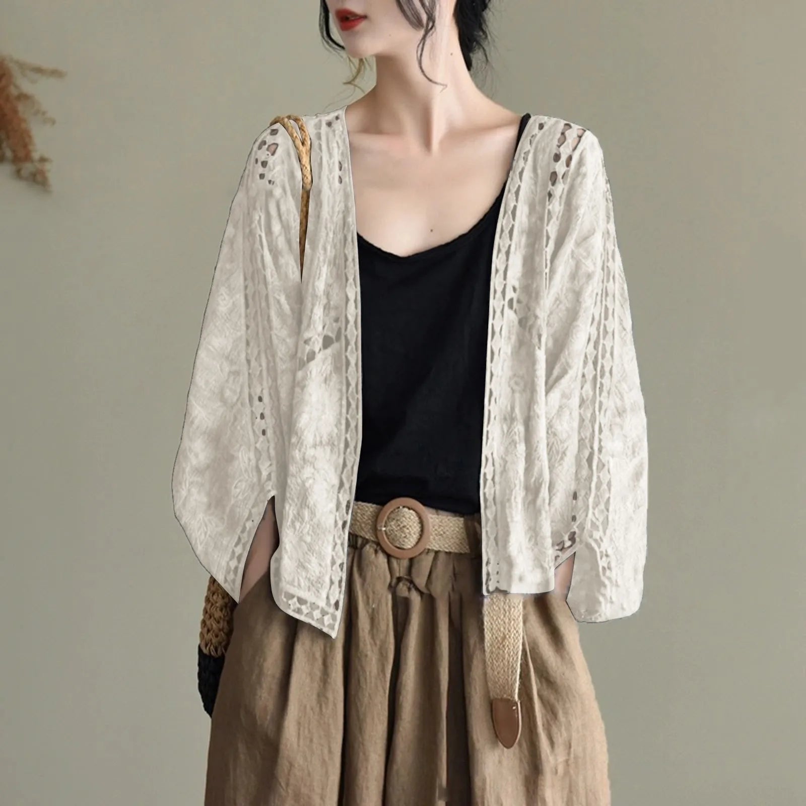 Women's Open Front Lightweight Knit Cardigan with Relaxed Three Quarter Sleeves