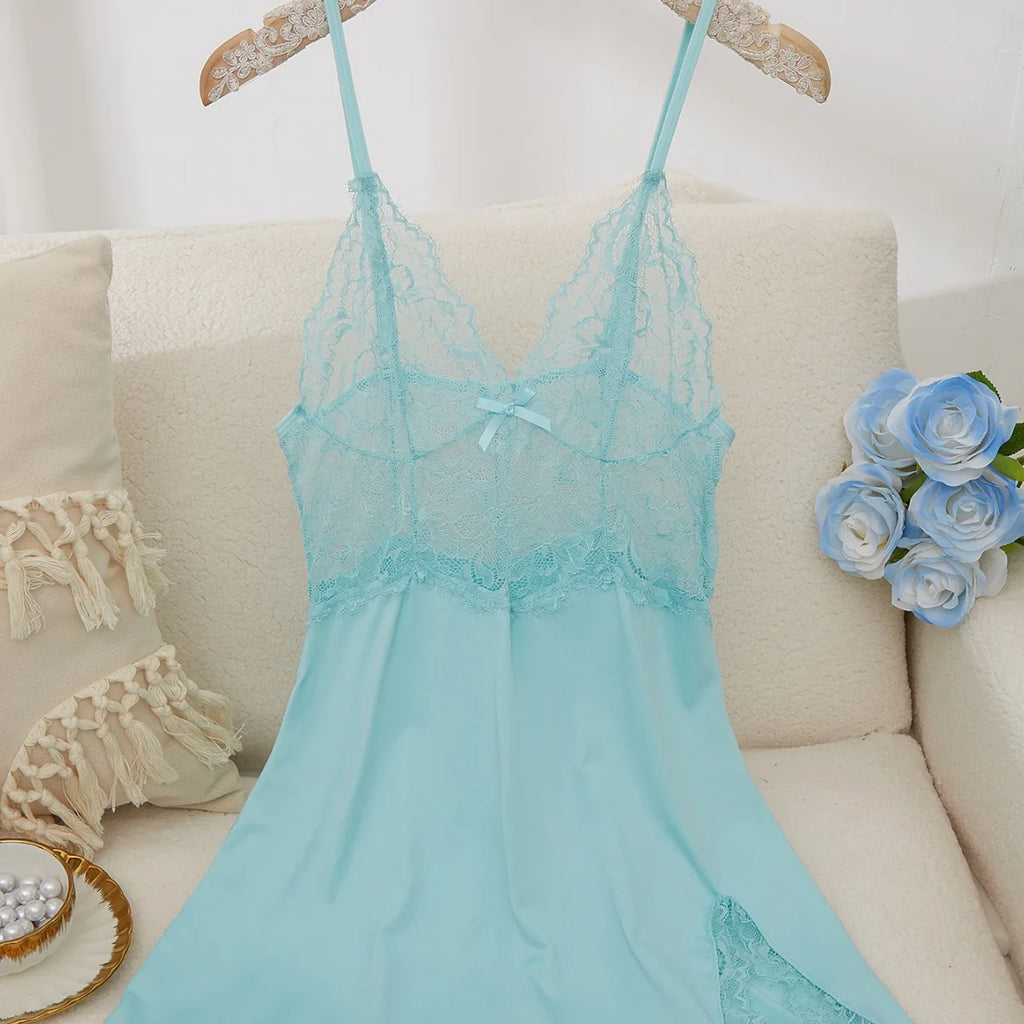 Soft Pink Sheer Lace Chemise with Plunging V-Neckline and Flowing Skirt