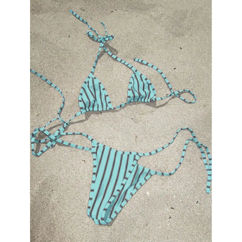 Crimson and Gold Vertical Striped Triangle String Bikini