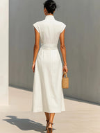 Crisp White High-Neck Architectural A-Line Dress with Pleated Waist and Pockets