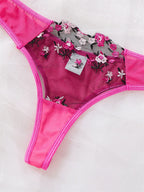 Vibrant Rose Pink Embroidered Mesh Underwire Bra and Thong Set