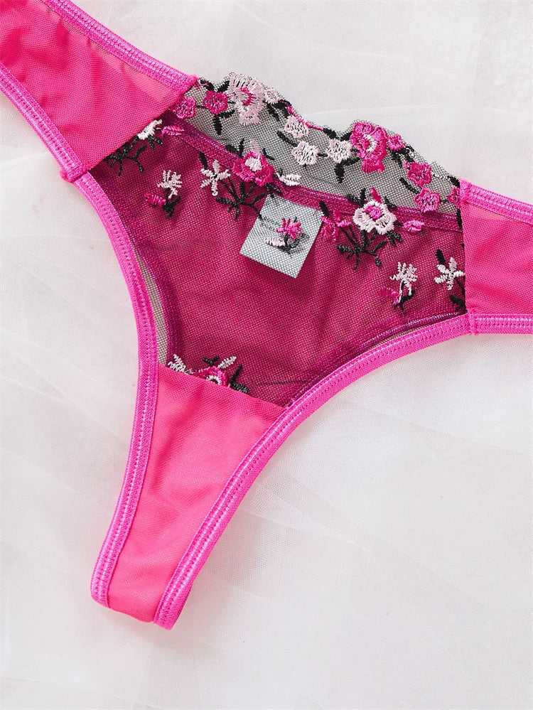 Vibrant Rose Pink Embroidered Mesh Underwire Bra and Thong Set