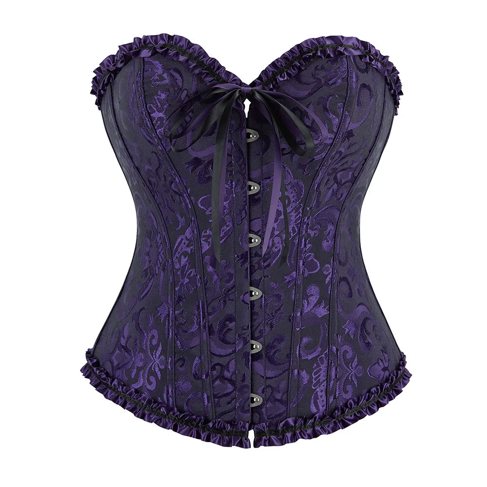 Floral Jacquard Overbust Corset with Sweetheart Neckline and Busk Closure