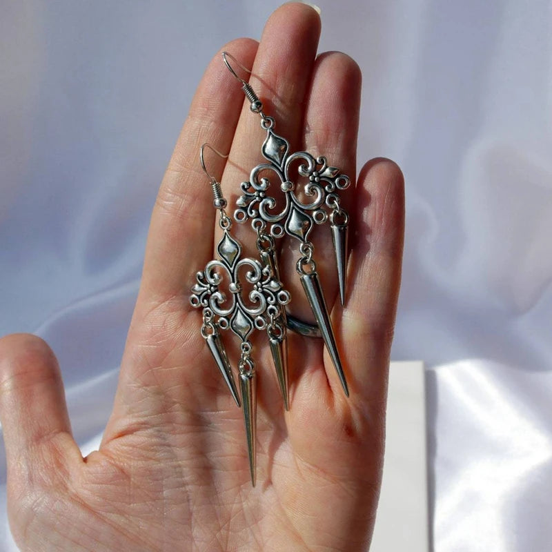 Gothic Cross Drop Earrings with Rivet Details for Punk Styling