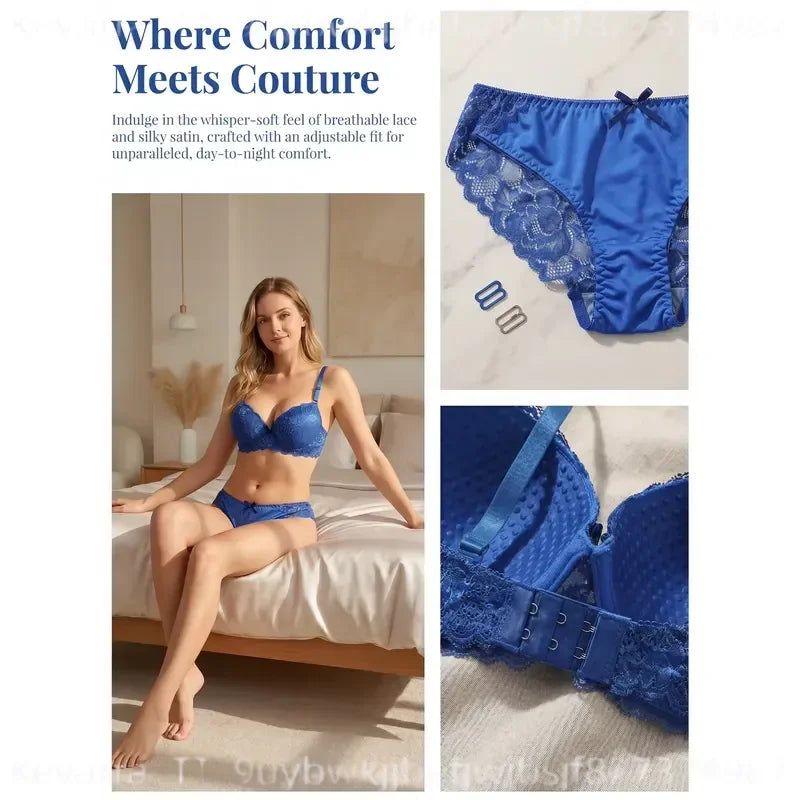 Cobalt Blue Floral Lace Contour Push-Up Bra and Matching Hipster Panty Set