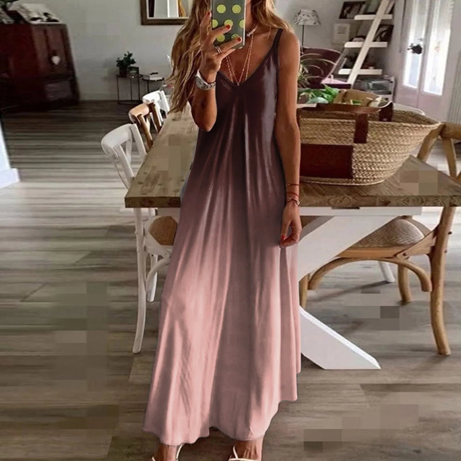 Gradient Print Spaghetti Strap Maxi Dress with Relaxed Boho Silhouette