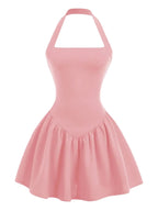 Halter Neck A-Line Mini Dress with Gathered Waist and Flared Hem