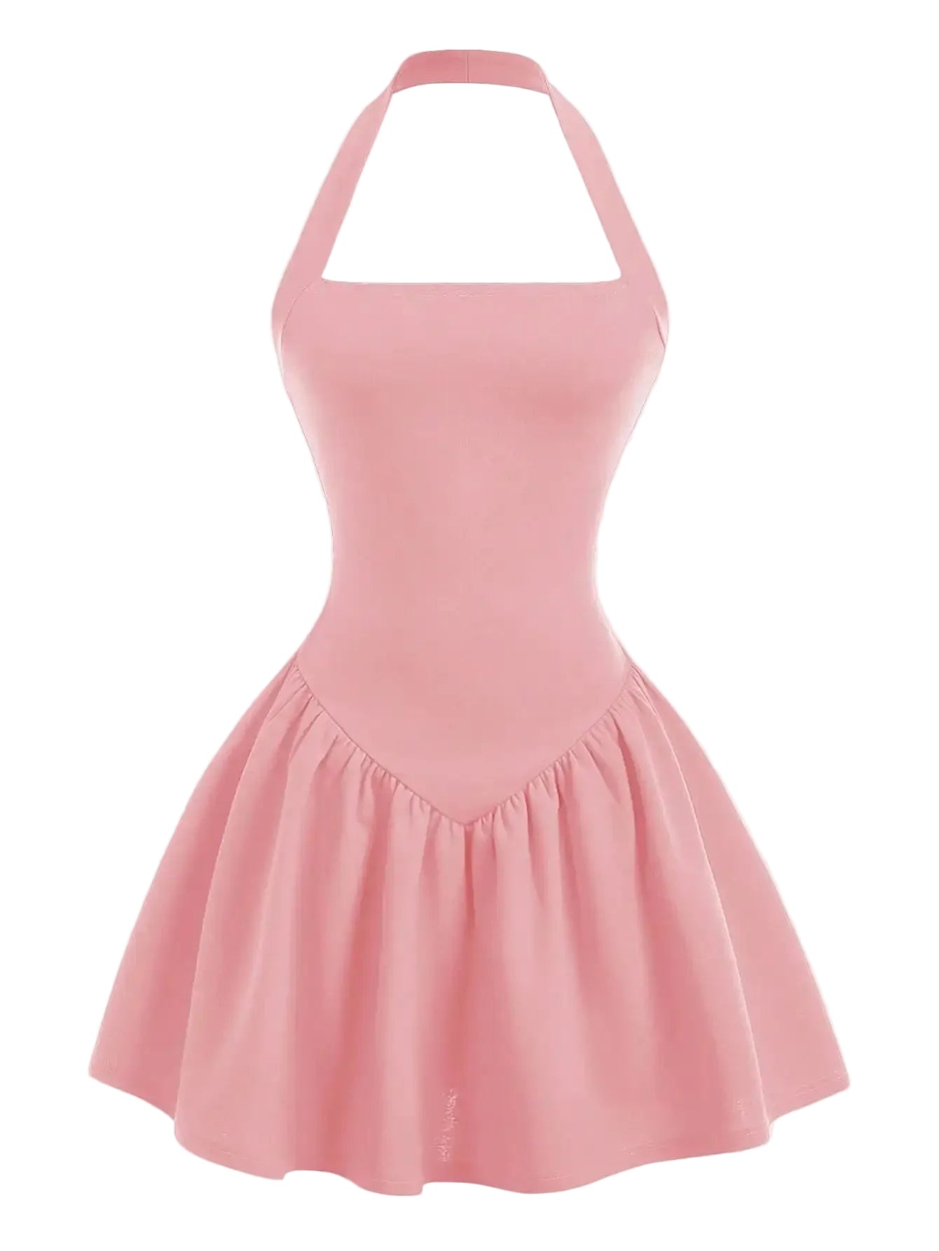 Halter Neck A-Line Mini Dress with Gathered Waist and Flared Hem