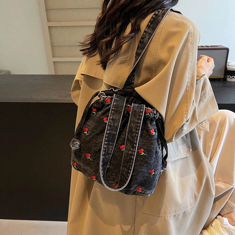 Denim Drawstring Hobo Tote Bag with Embroidered Detail Everyday Carry Design