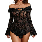 Striking Black Off-the-Shoulder Sheer Mesh Dress with Geometric Pattern and Flared Sleeves
