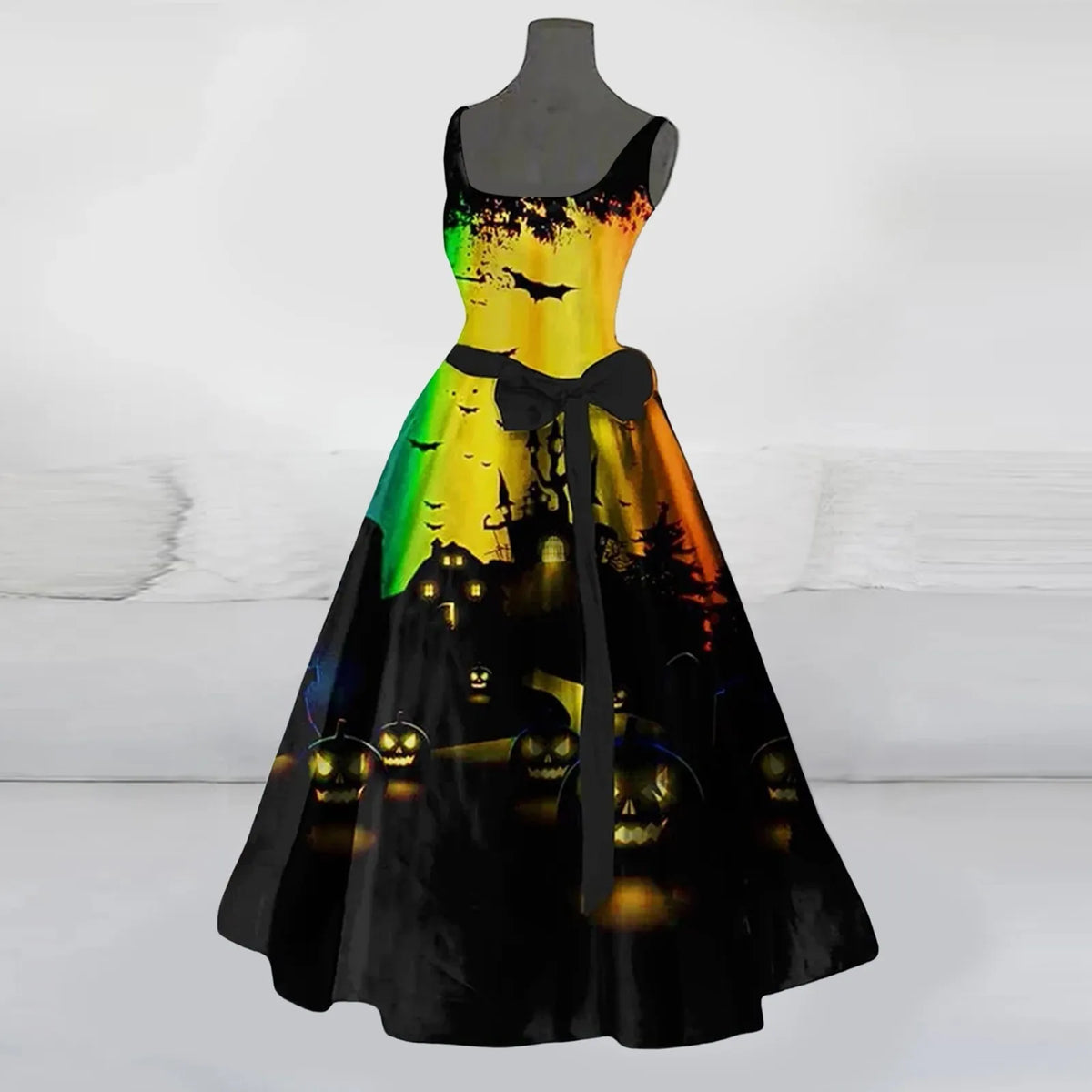 Halloween Skeleton Ribcage Print Flared Swing Dress with Waist Bow