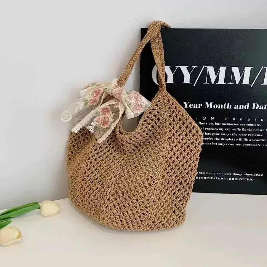 Open Knit Tote Shoulder Bag with Large Capacity Casual Design