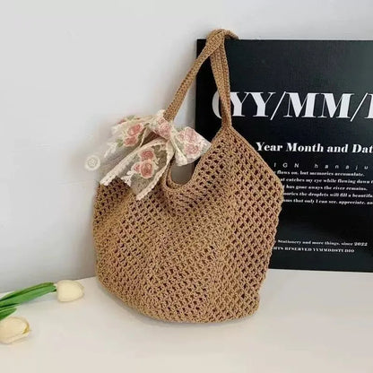 Open Knit Tote Shoulder Bag with Large Capacity Casual Design