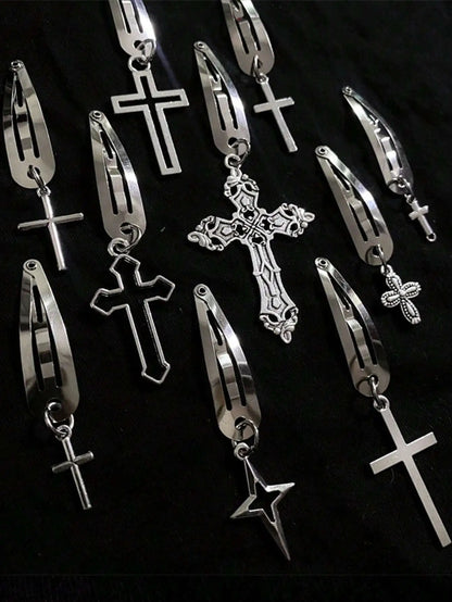 Gothic Cross Hair Clip Set Punk Streetwear Statement Accessories Collection
