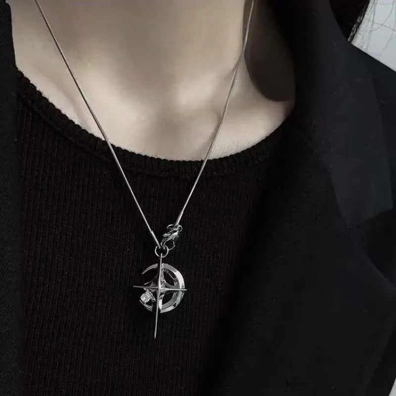 Celestial Crescent Moon and Star Pendant Necklace for Alternative Fashion