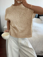 Women's Floral Crew Neck Knit Sweater with Relaxed Summer Short Sleeves