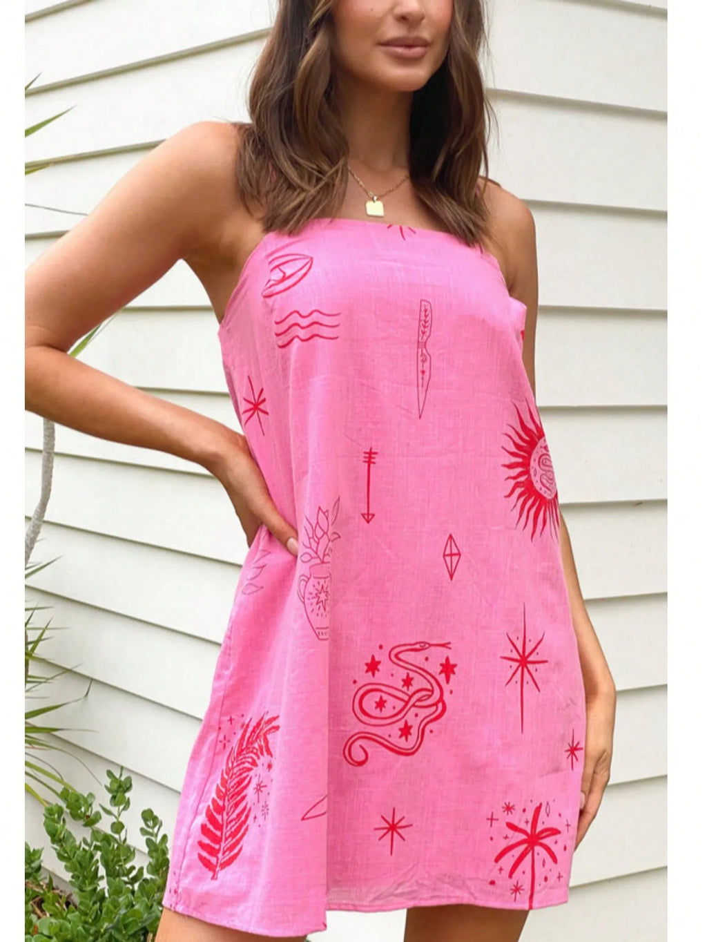 Spaghetti Strap Graphic Print A-Line Mini Dress with Relaxed Summer Silhouette