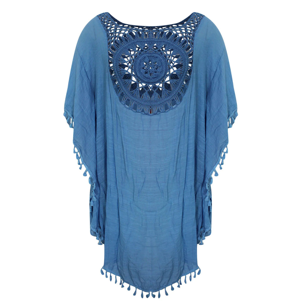 Boho Crochet Beach Cover-Up Tunic with Tassel Details, Loose Open-Knit Design and Bikini Layering Silhouette
