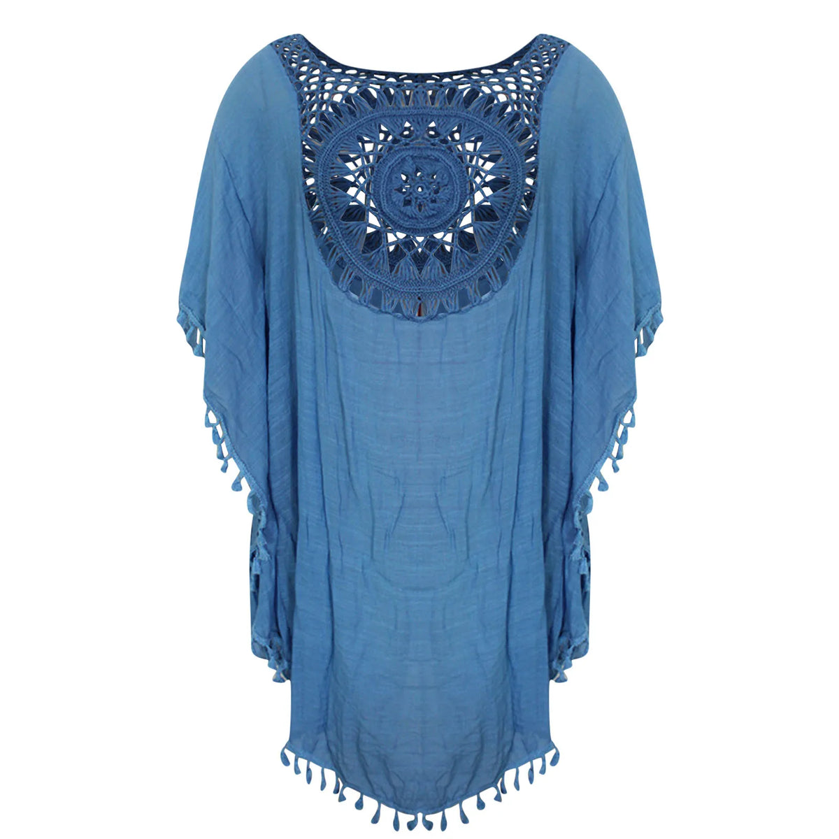 Boho Crochet Beach Cover-Up Tunic with Tassel Details, Loose Open-Knit Design and Bikini Layering Silhouette