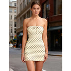 Strapless Polka Dot Mini Dress with Decorative Bow and Fitted Silhouette