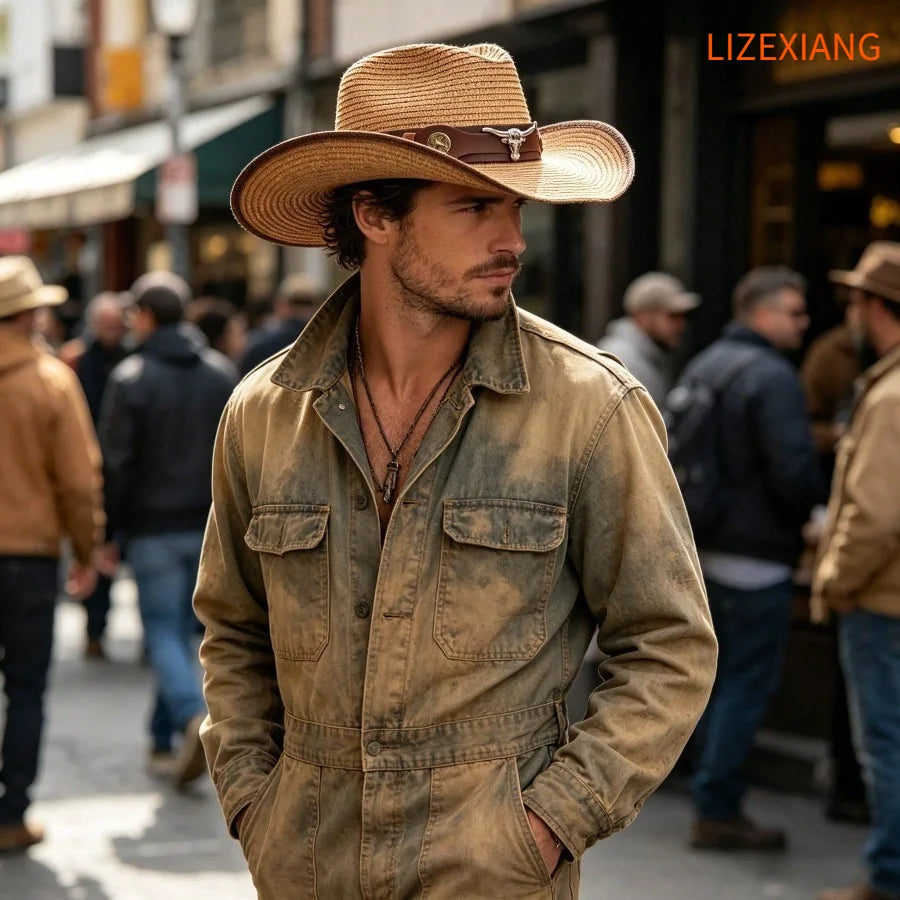 Unisex Woven Raffia Western Hat with Wide Brim for Outdoor Casual and Travel Style