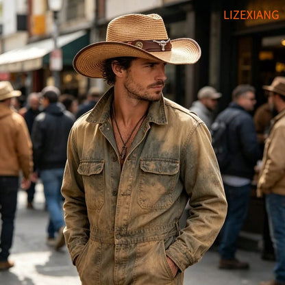 Unisex Woven Raffia Western Hat with Wide Brim for Outdoor Casual and Travel Style