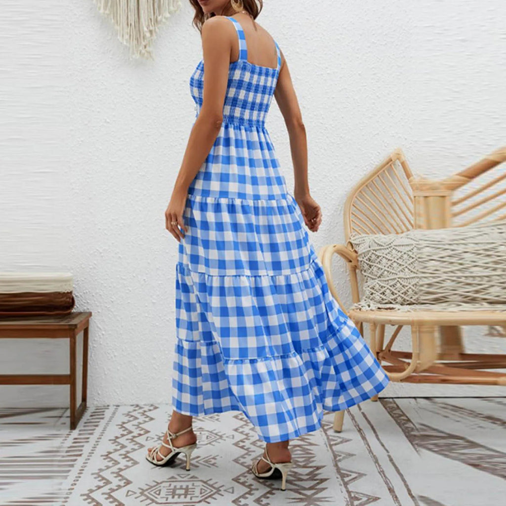 Yellow Gingham Tiered Maxi Dress with Smocked Bodice and Wide Straps