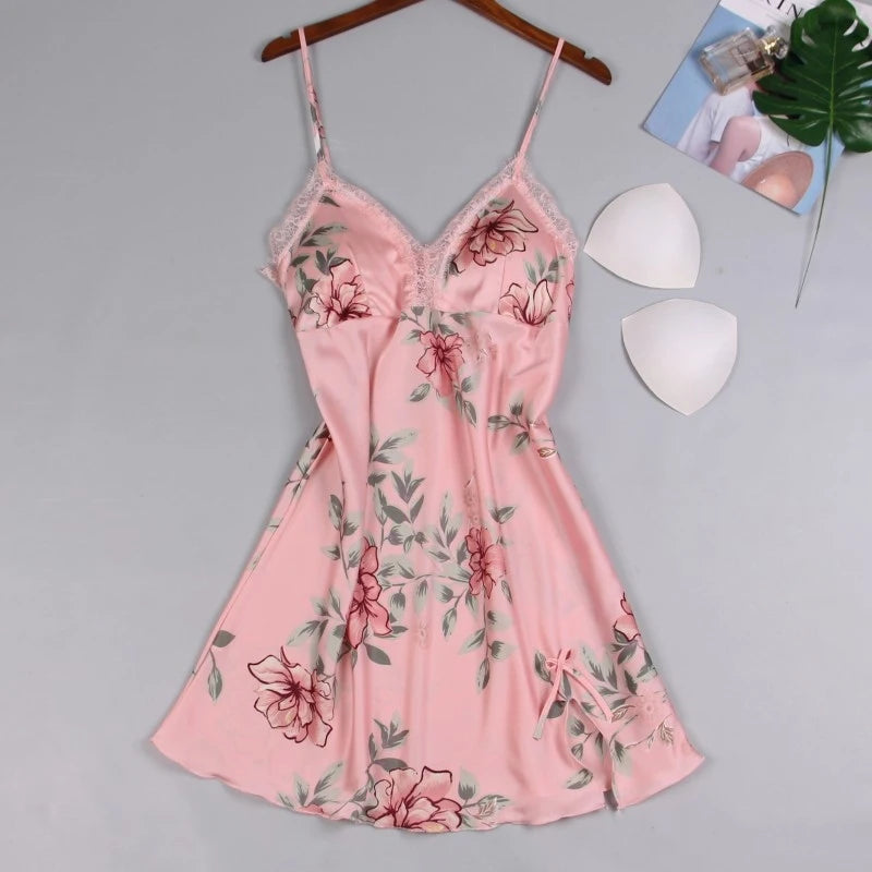 Floral Print Satin-Finish Nightdress with Delicate White Lace Trim