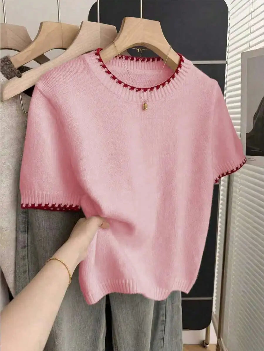 Women's Contrast Trim Short Sleeve Knit Sweater with Relaxed Retro Cropped Silhouette