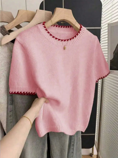 Women's Contrast Trim Short Sleeve Knit Sweater with Relaxed Retro Cropped Silhouette