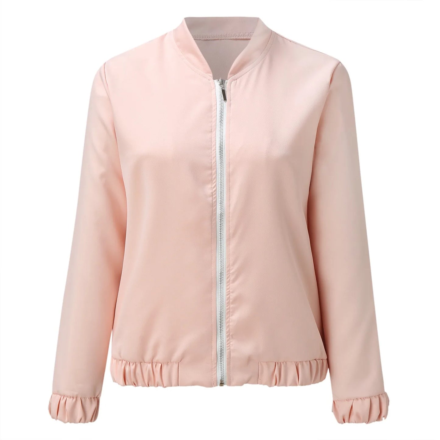 Women's Minimalist Zip-Up Bomber Jacket with Stand Collar Contemporary Casual Streetwear Style