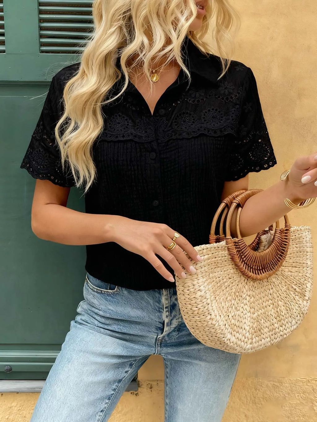 Crisp White Cotton Short-Sleeve Blouse with Floral Eyelet Embroidery