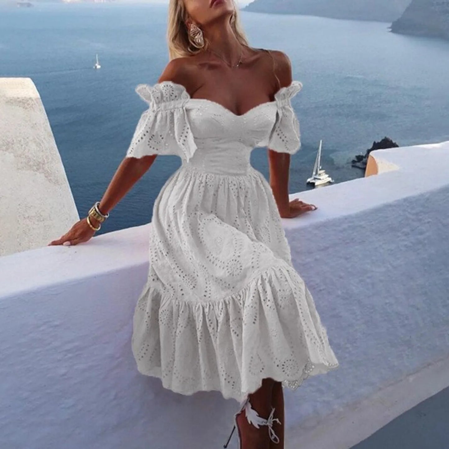 Romantic Off Shoulder Ruffle Trim Alternative Fashion Midi Dress