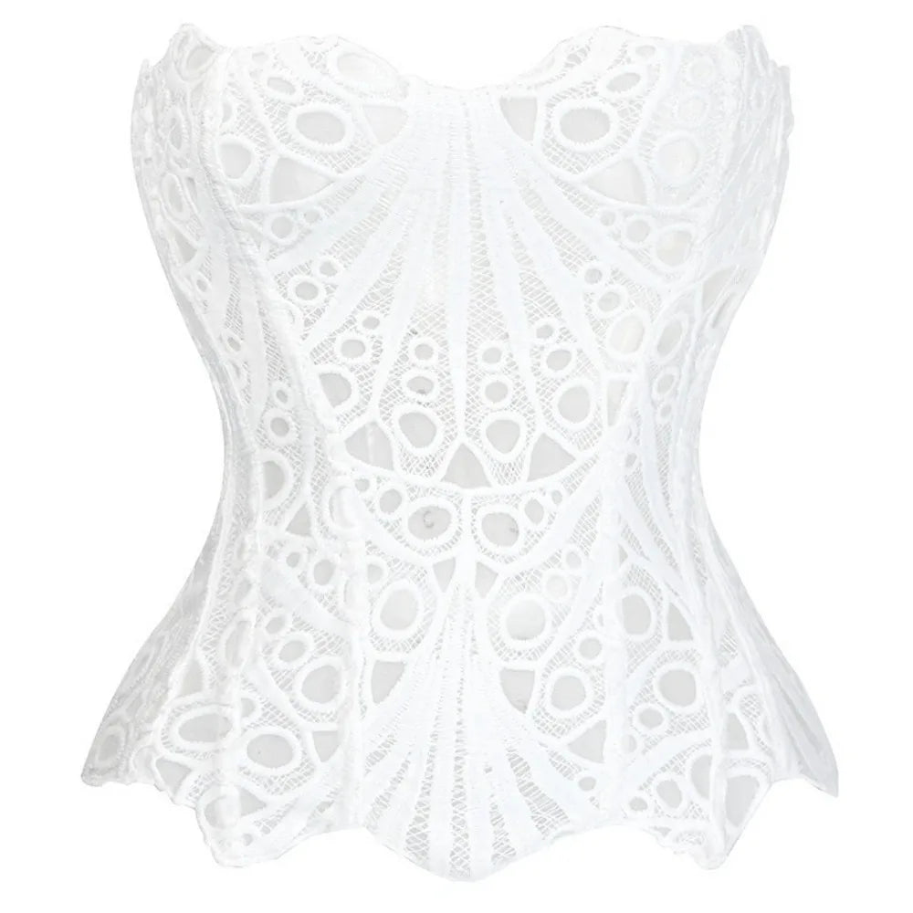 Intricate Brown Sheer Floral Lace Strapless Corset with Front Ribbon Tie
